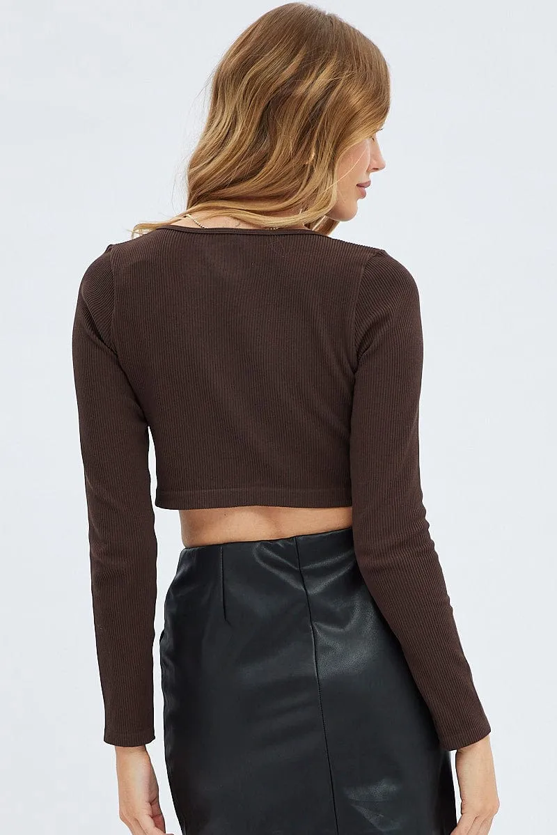 Brown Top Crop Round Neck Diamante Seamless Basic Wardrobe