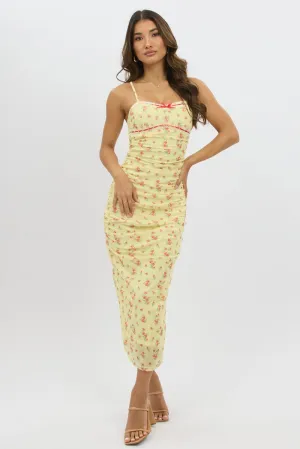 UV Protection Yellow Ditsy Bodycon Dress Singlet Mesh Midi