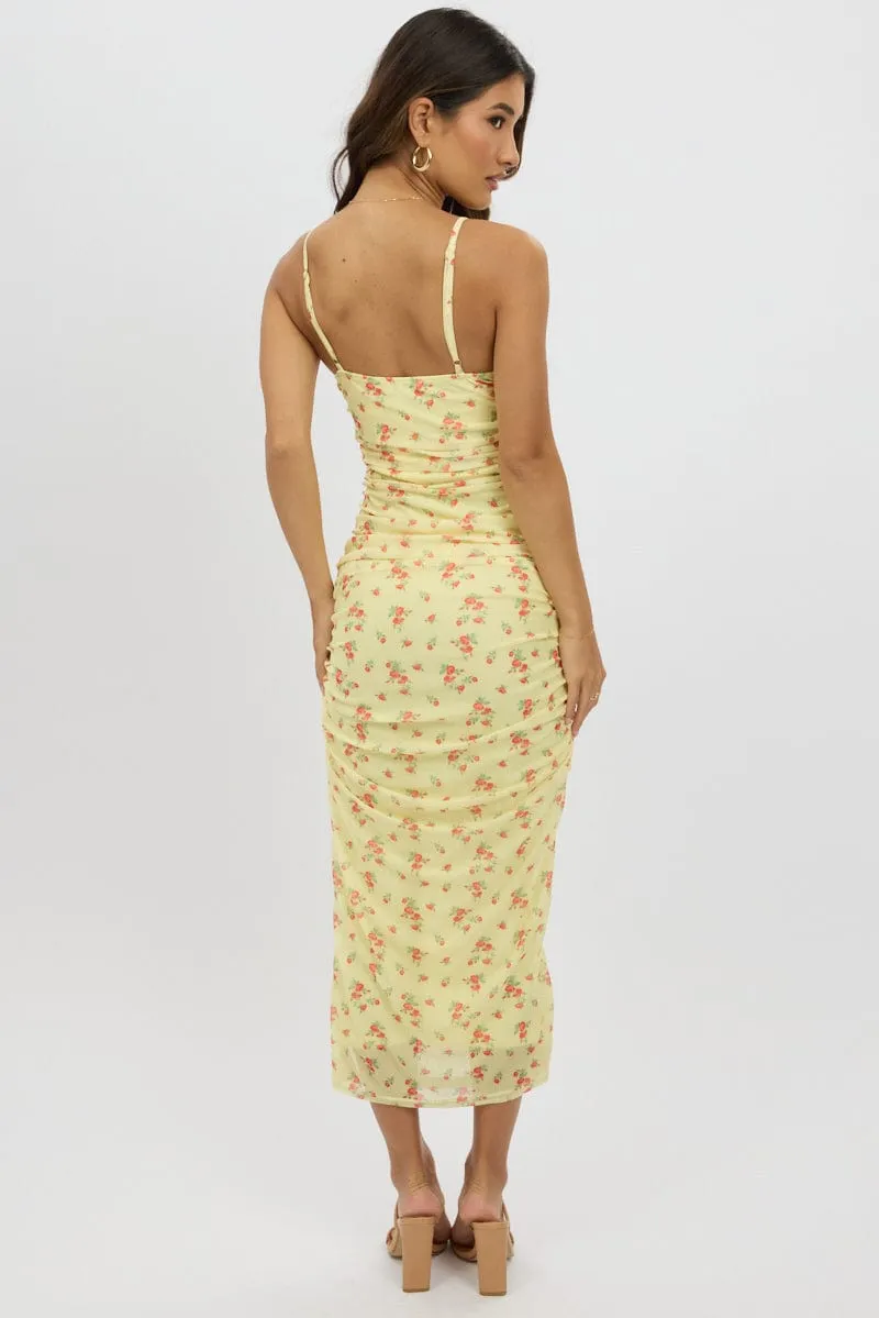 Yellow Ditsy Bodycon Dress Singlet Mesh Midi Virtual Fit Smile Glow