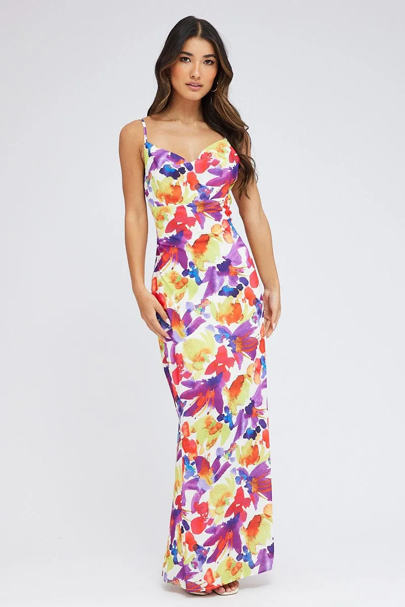 Multi Floral Maxi Dress Slip Cami Watercolour Print Sun shield Fashionable formal event piece
