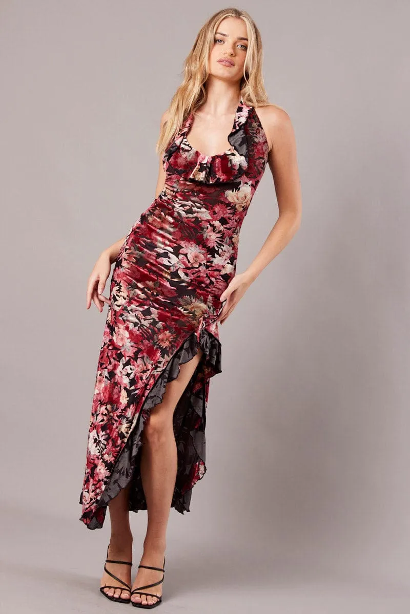Layer Glow Dye Glow Black Floral Devore Maxi Dress Burnout Velvet Ruffle Dress