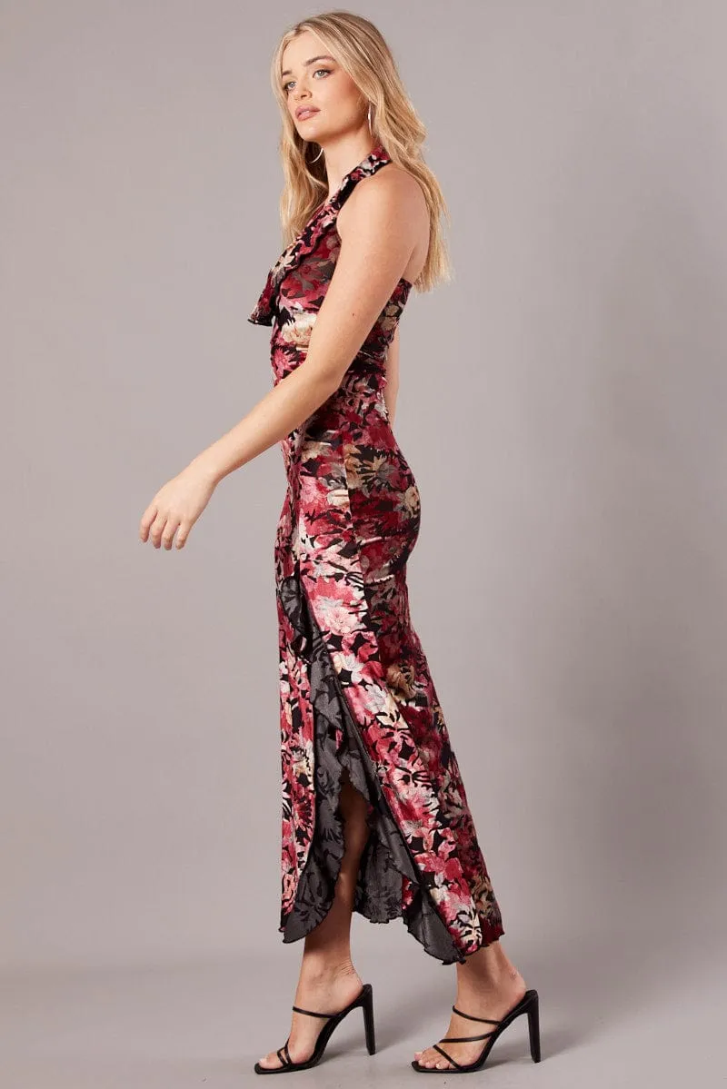 Black Floral Devore Maxi Dress Burnout Velvet Ruffle Dress Steel Glow Tile Glow