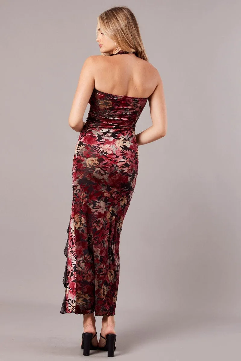 Voile Light Metal Shine Black Floral Devore Maxi Dress Burnout Velvet Ruffle Dress