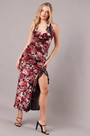 Black Floral Devore Maxi Dress Burnout Velvet Ruffle Dress Heart Glow