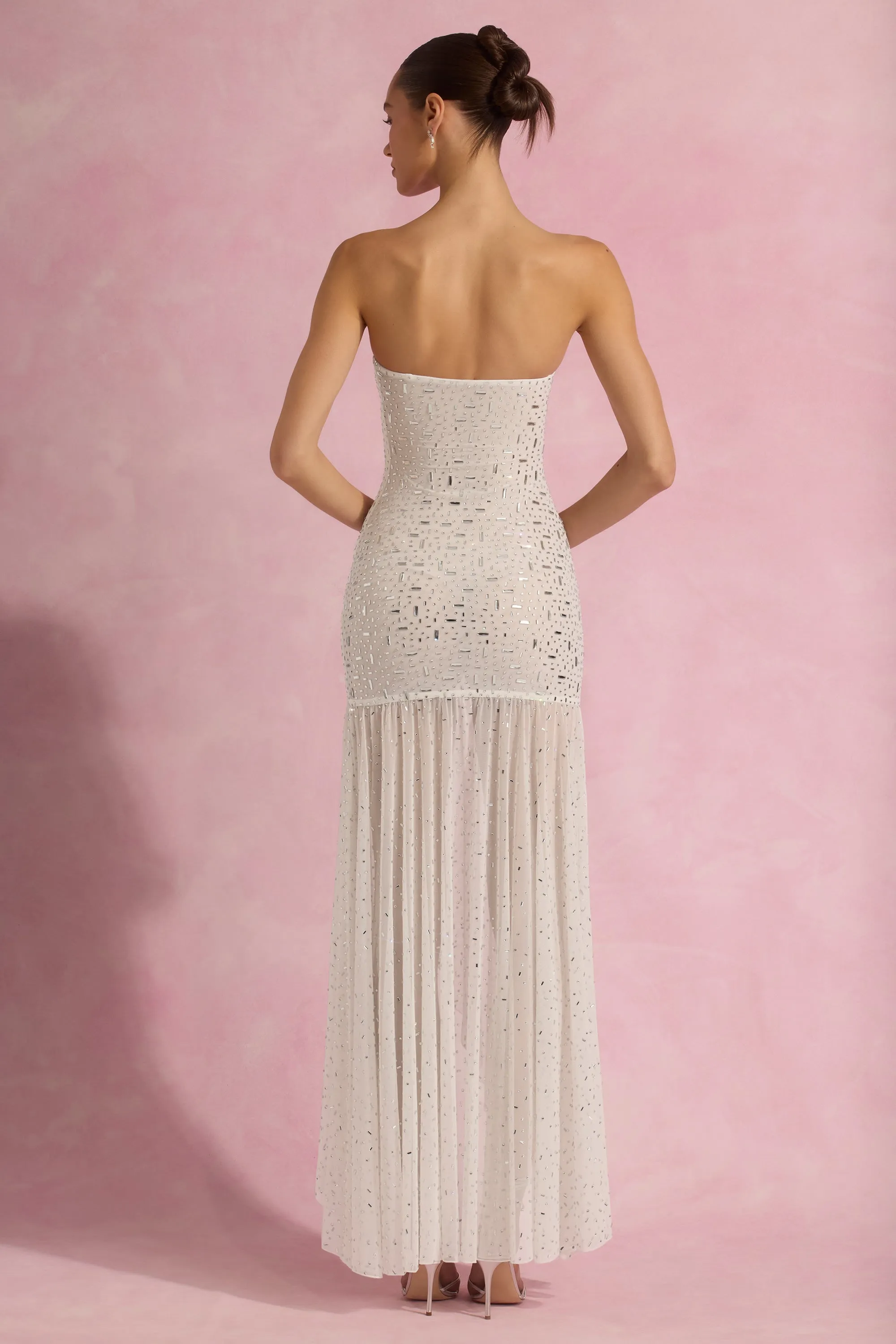 Semi-Sheer Embellished Asymmetric Maxi Dress in White Autumn Gold