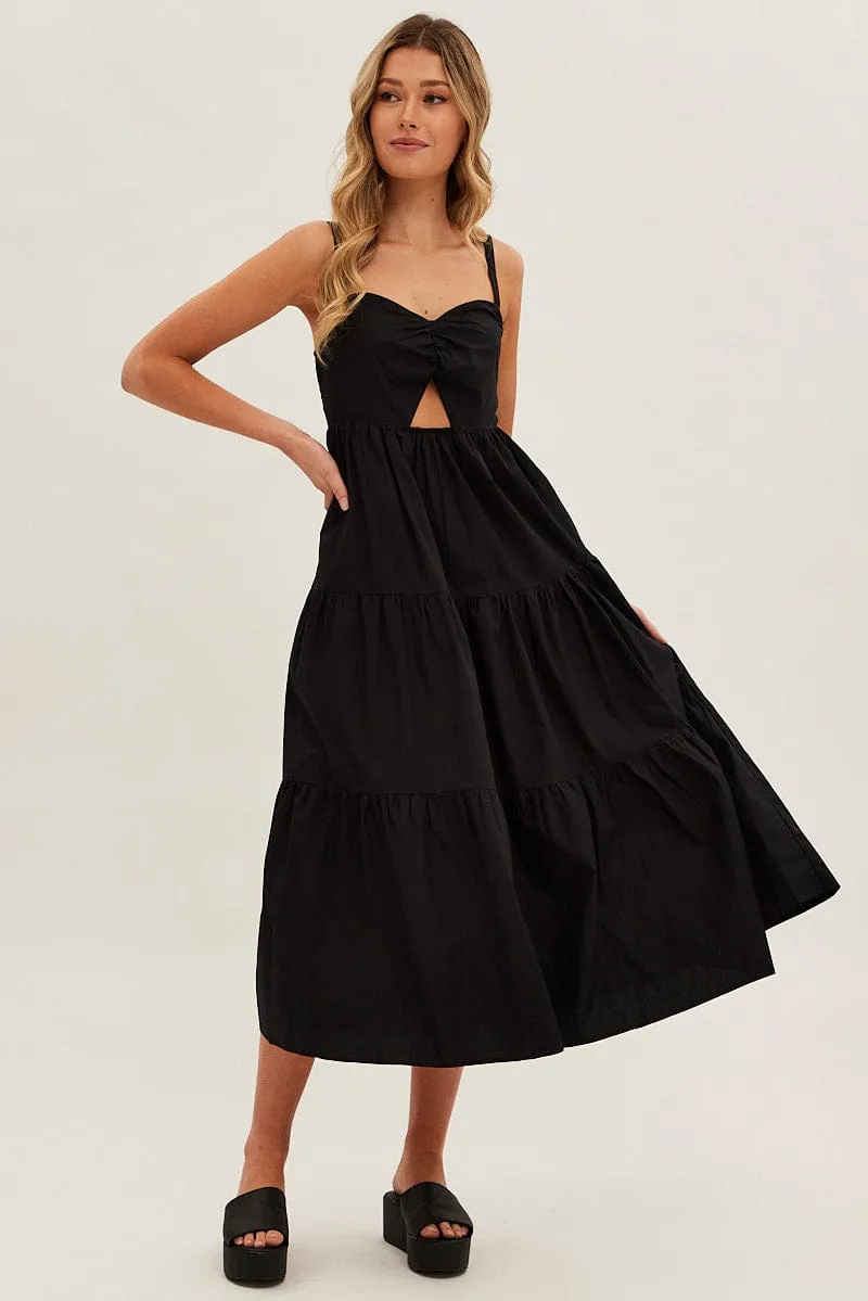 Stair Glow Frost Breeze Black Maxi Dress Sleeveless Ruched Front