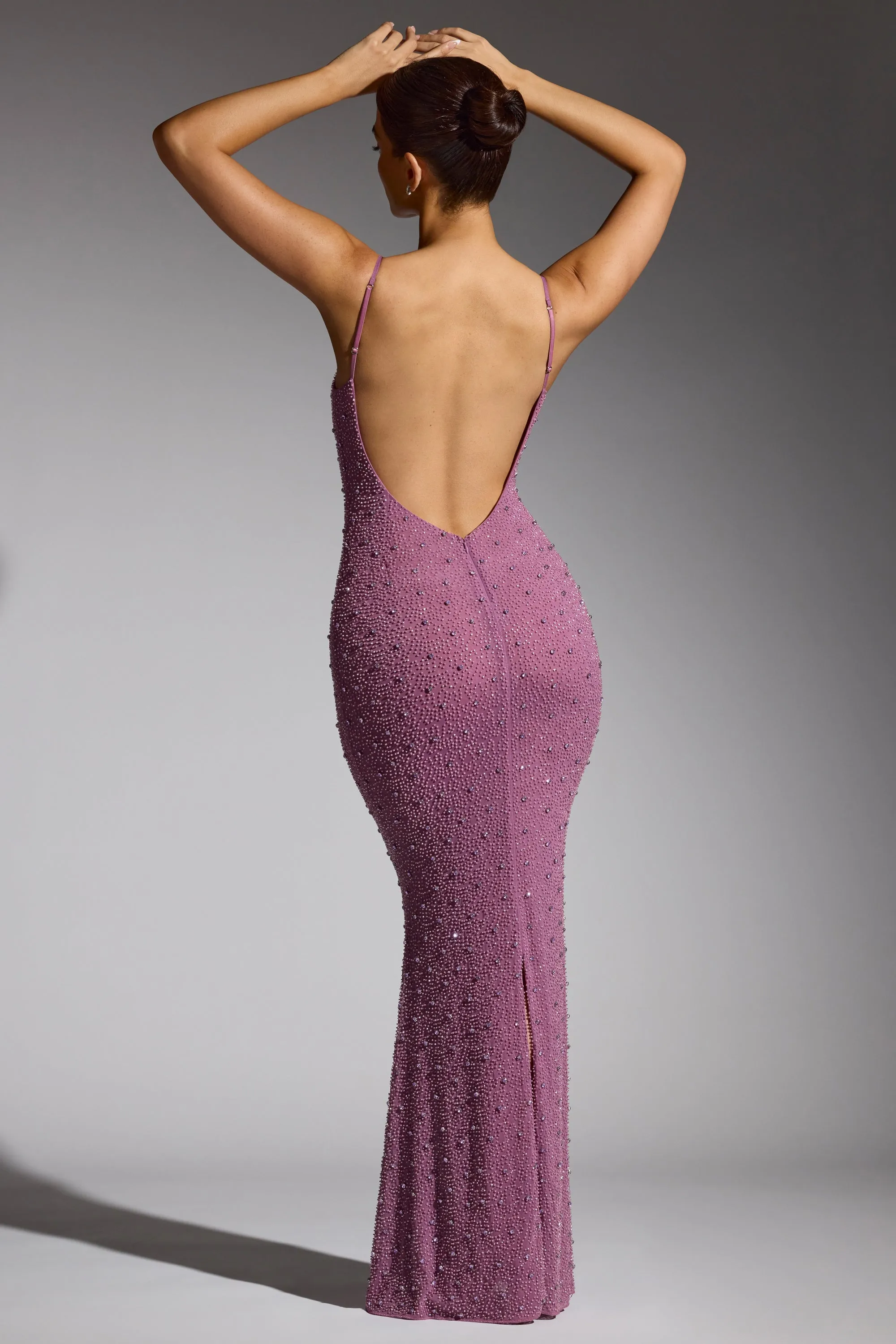 Embellished Asymmetric Maxi Dress in Grape Cliff Path