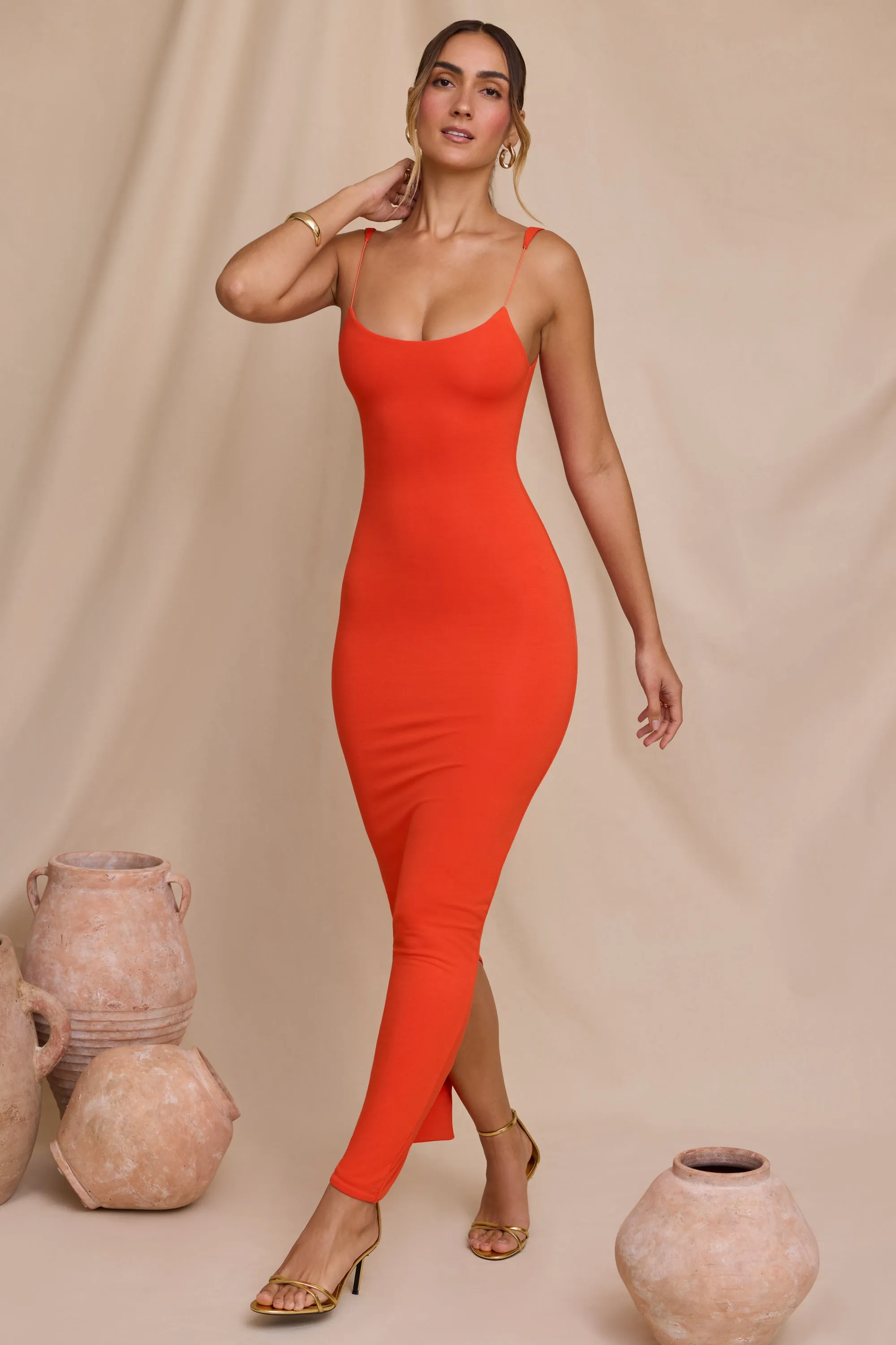 Micro Strap Detail Maxi Dress in Tangerine Iron Glow Easy-to-wear long dress