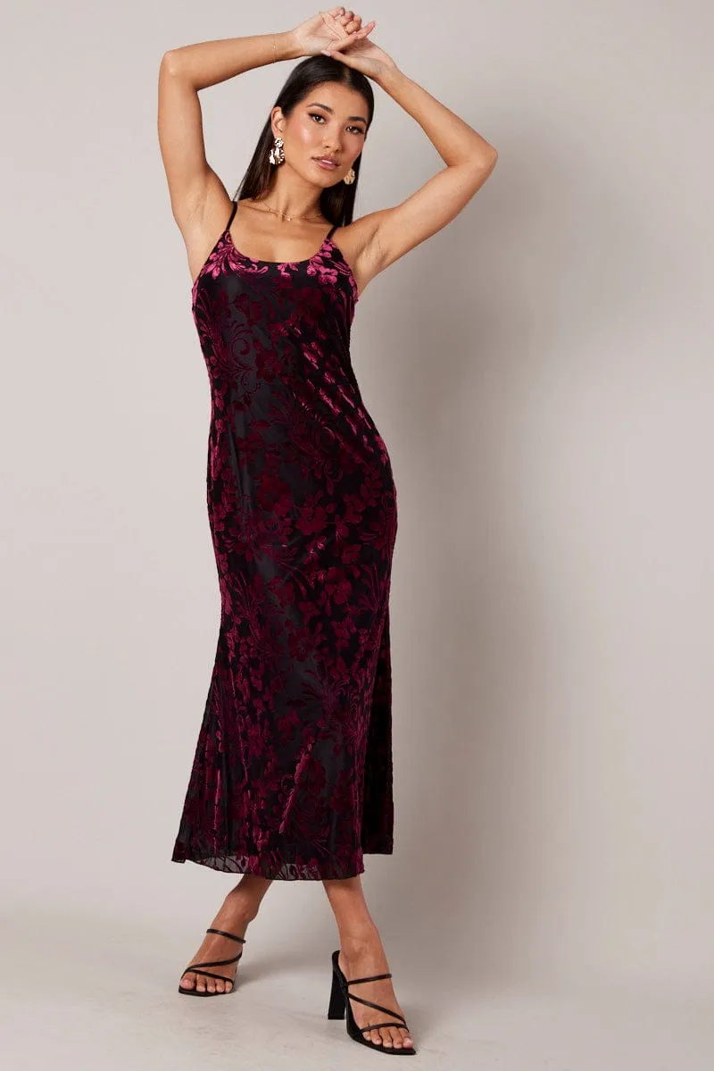 Red Maxi Dress Sleeveless Scoop Neck Burn Out Soft Pink