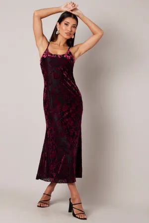 Red Maxi Dress Sleeveless Scoop Neck Burn Out Soft Pink