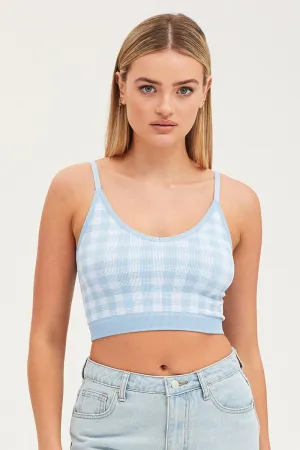 Blue Check Singlet Crop Top Seamless Hotel Style Relaxed Fit