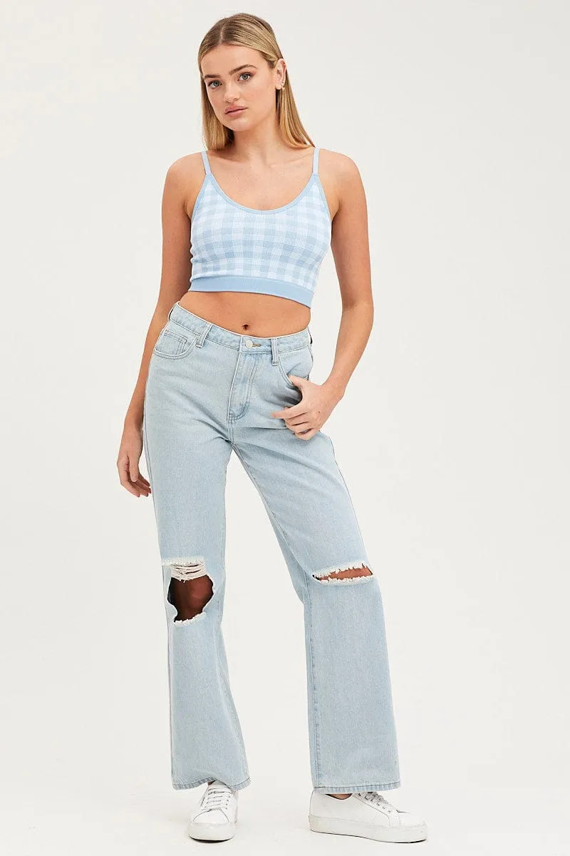 Adjustable drawstring Blue Check Singlet Crop Top Seamless