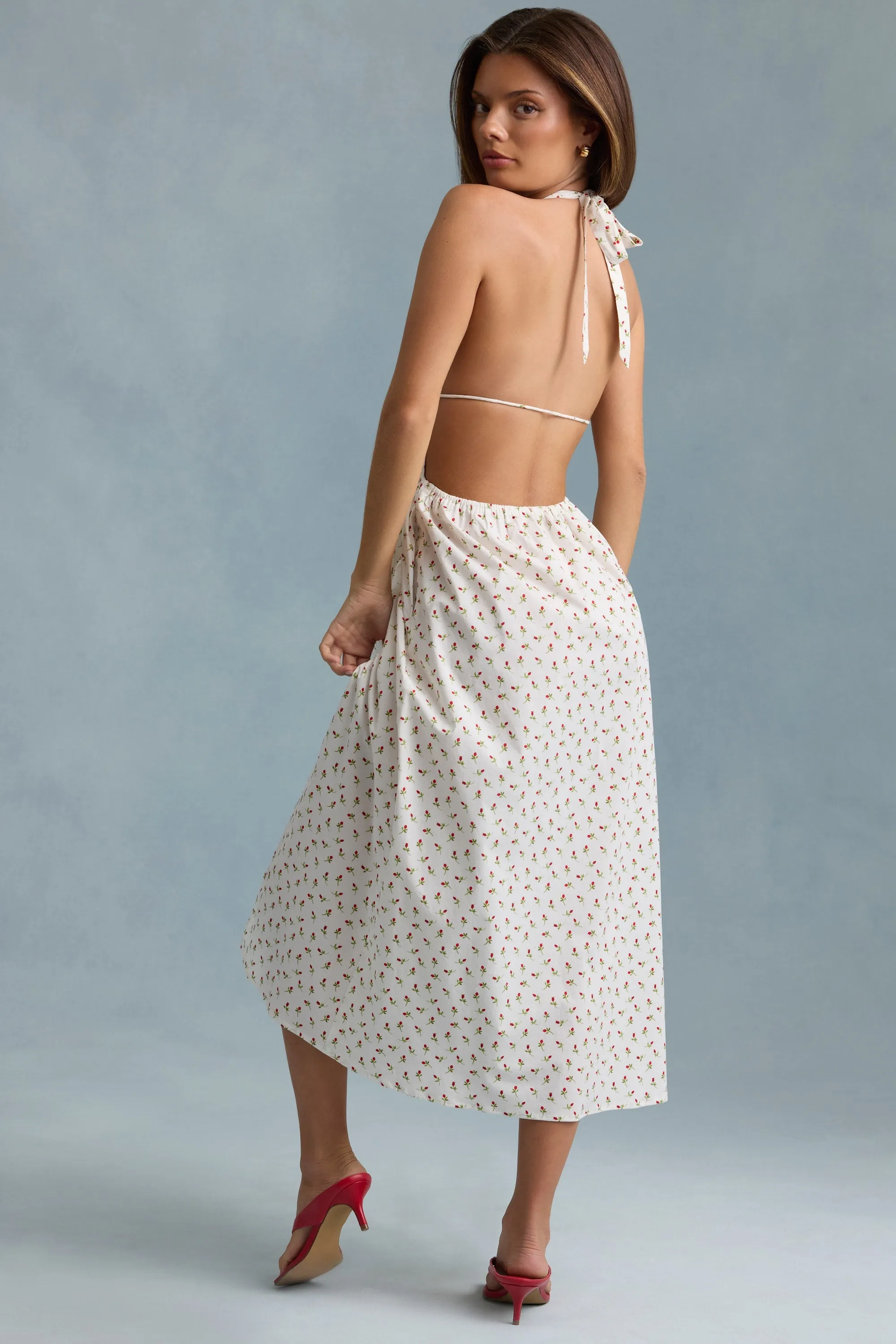 Backless Cotton-Poplin Maxi Dress in Rose Print Elegant dinner dress Effortless vacation dress