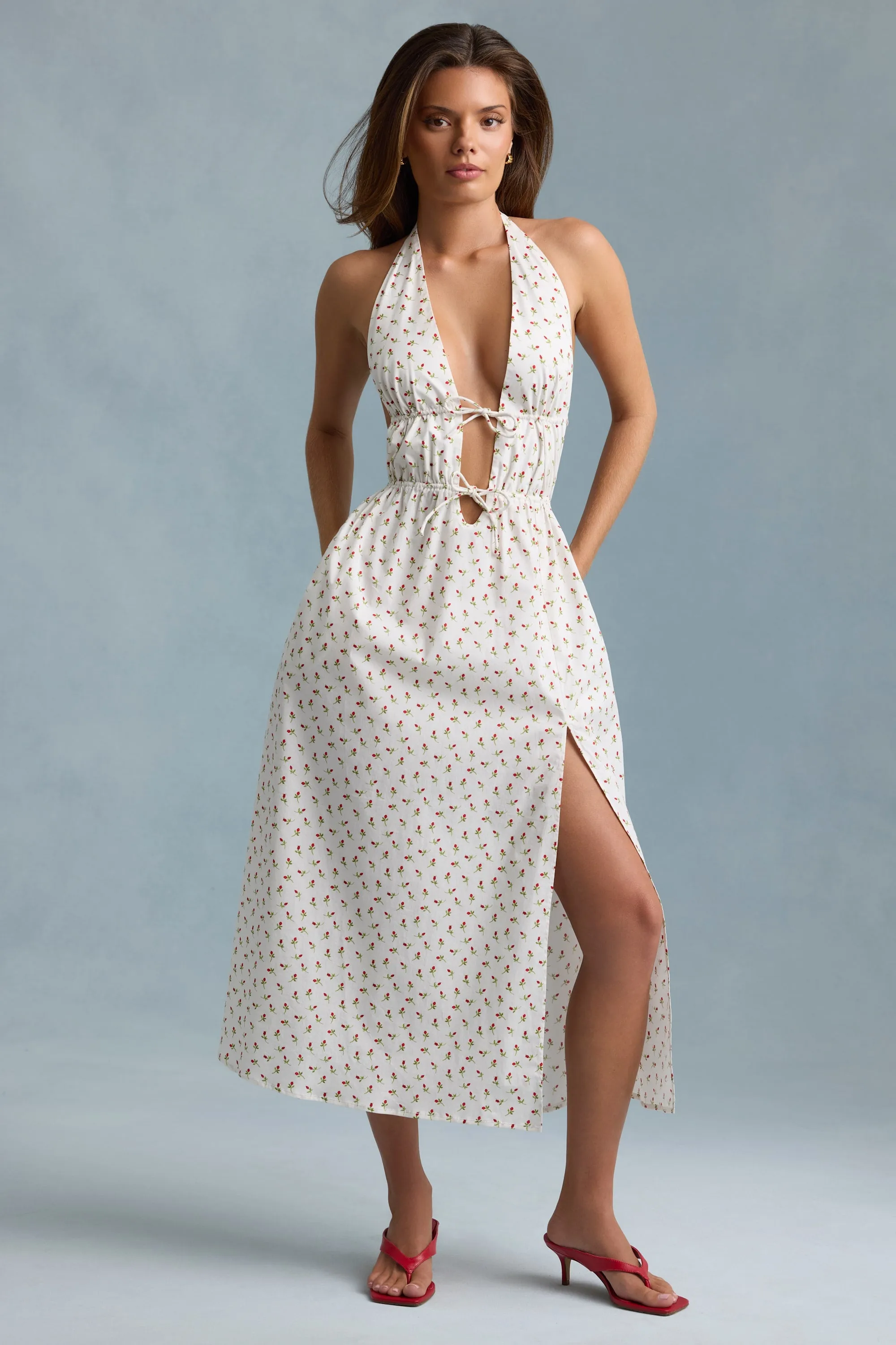 Garnet Shine Backless Cotton-Poplin Maxi Dress in Rose Print