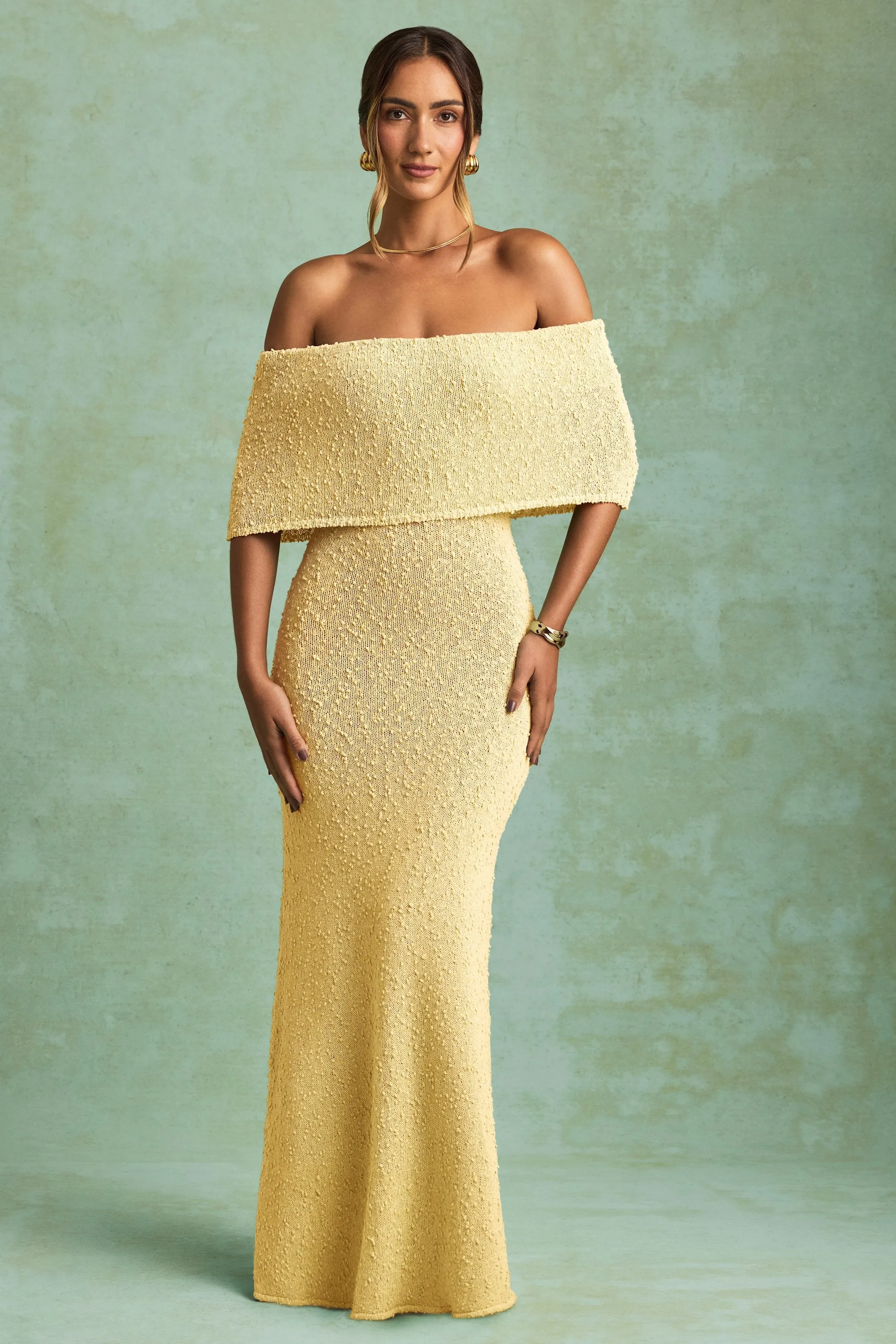 Boucl?? Off-Shoulder Maxi Dress in Yellow Velvet Glow