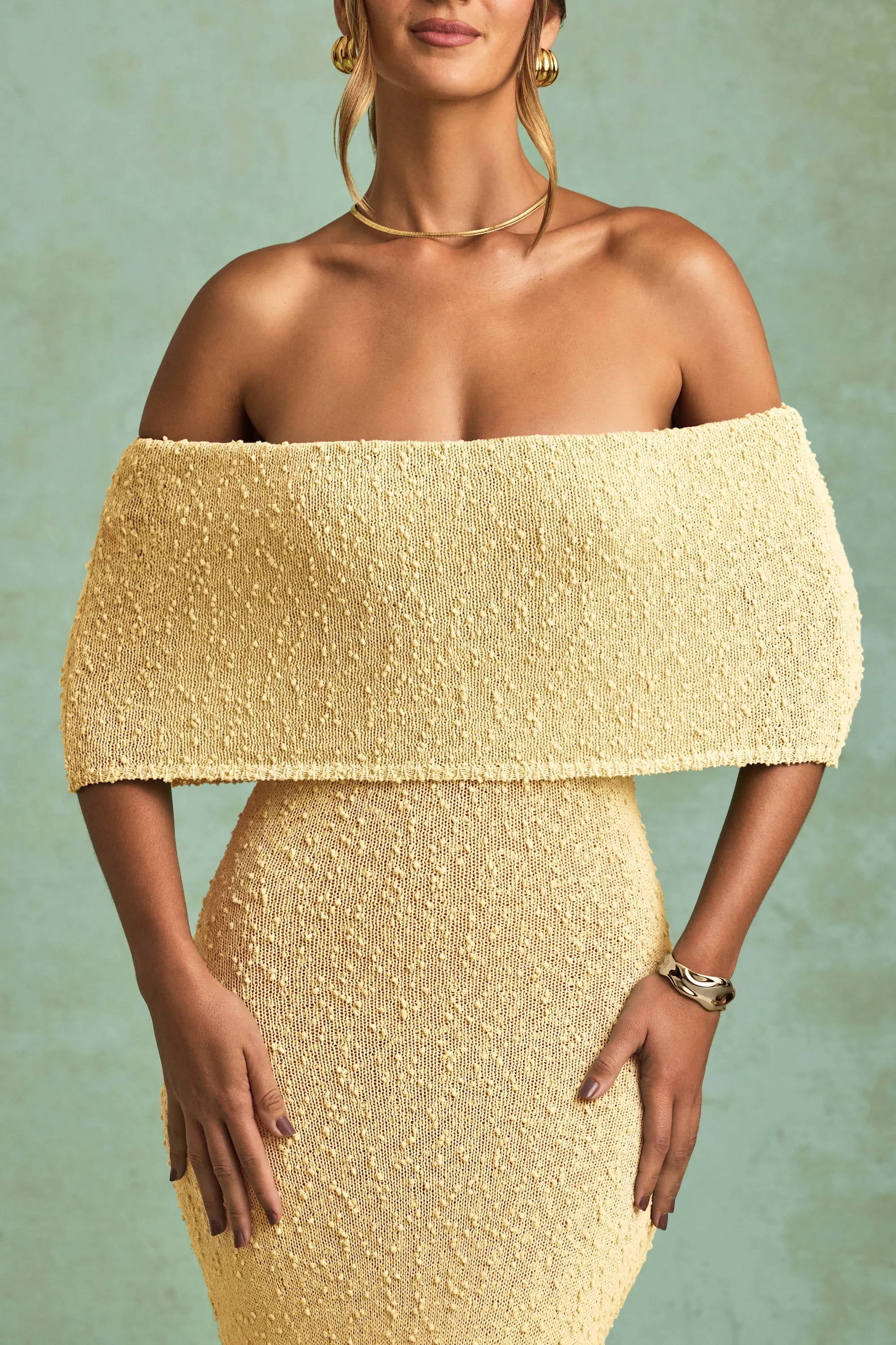 Opal Glow The elegant cut of this dress highlights your figure while offering plenty of room to move Boucl?? Off-Shoulder Maxi Dress in Yellow
