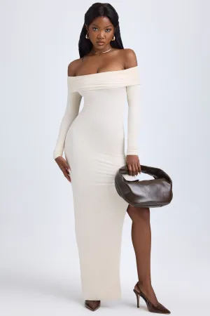 Modal Off-Shoulder Open-Back Maxi Dress in Ivory Patch Work Diamond Shine