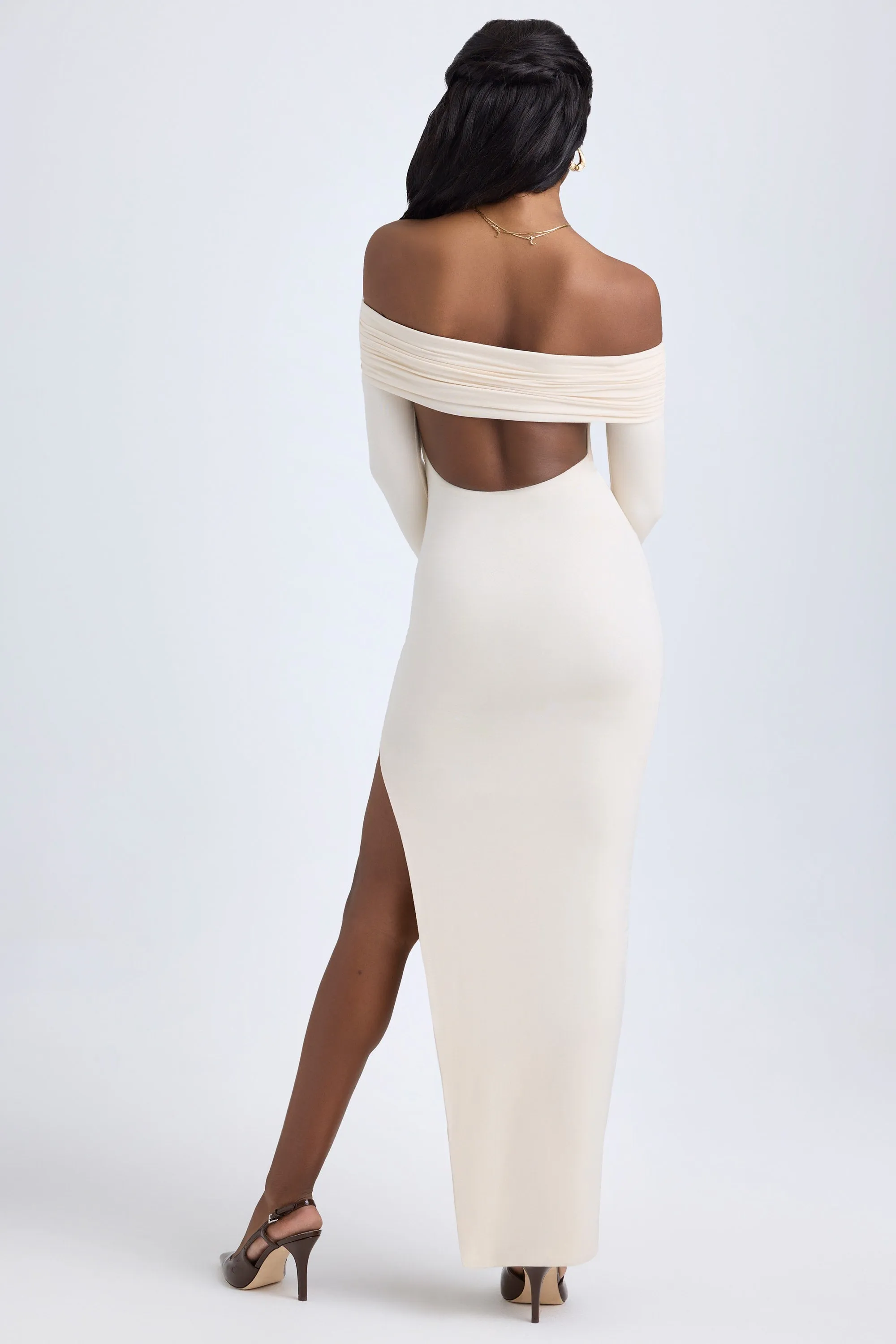 Sea Breeze Modal Off-Shoulder Open-Back Maxi Dress in Ivory