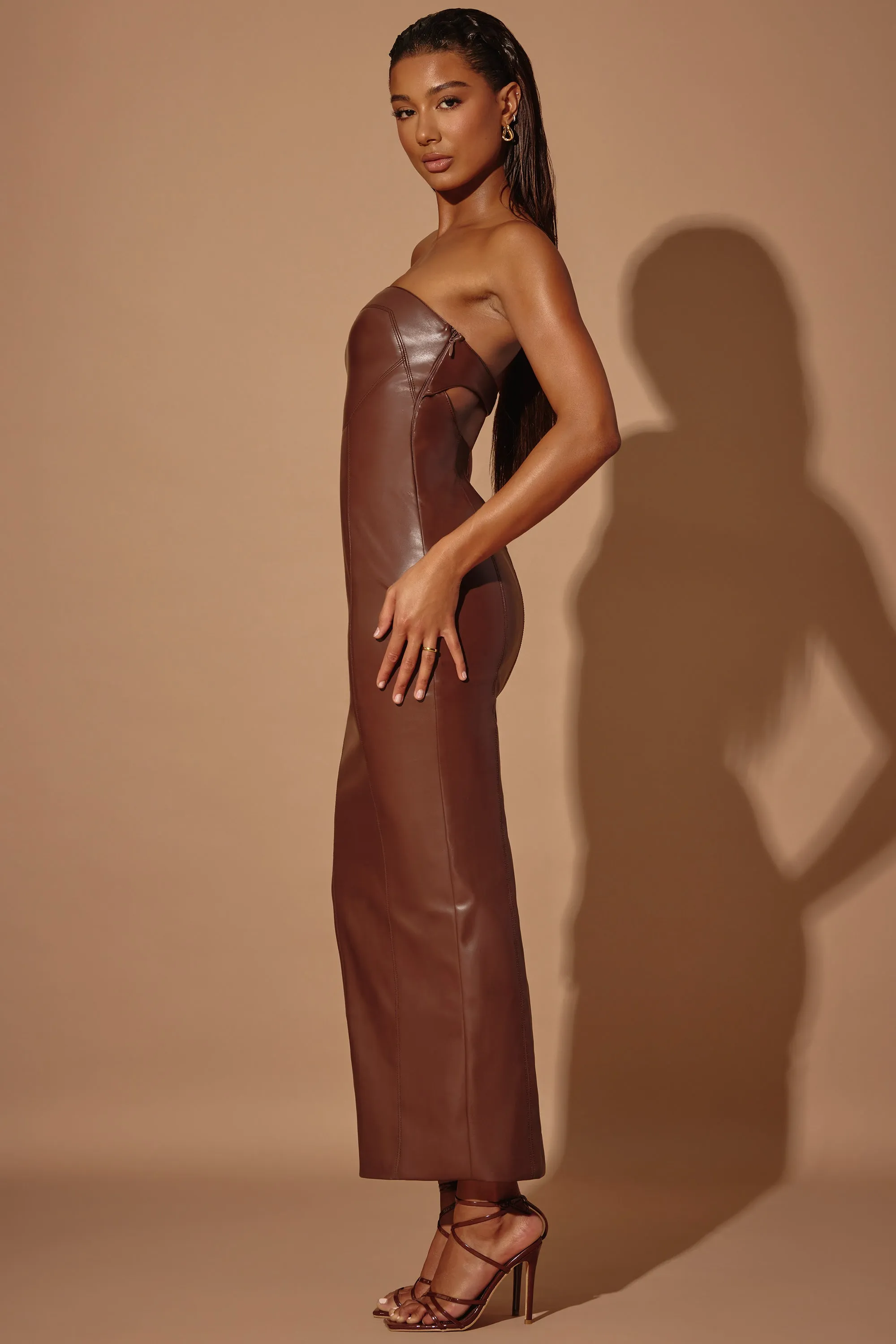 Fall Path Crepe Soft Strapless Vegan Leather Maxi Dress in Brown