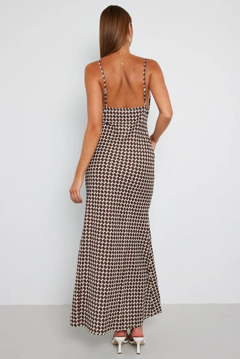 Morning Mist Brown Geo Maxi Dress Strappy