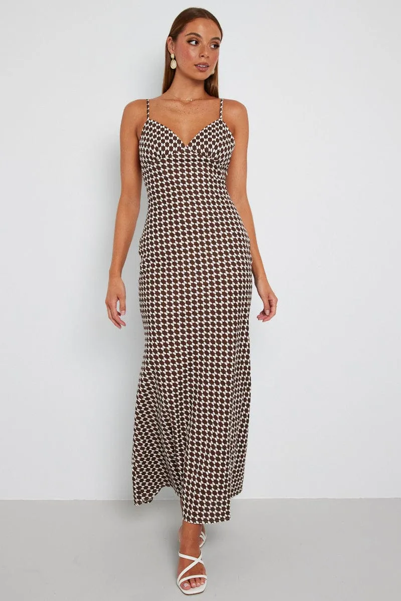 Brown Geo Maxi Dress Strappy Stone Glow