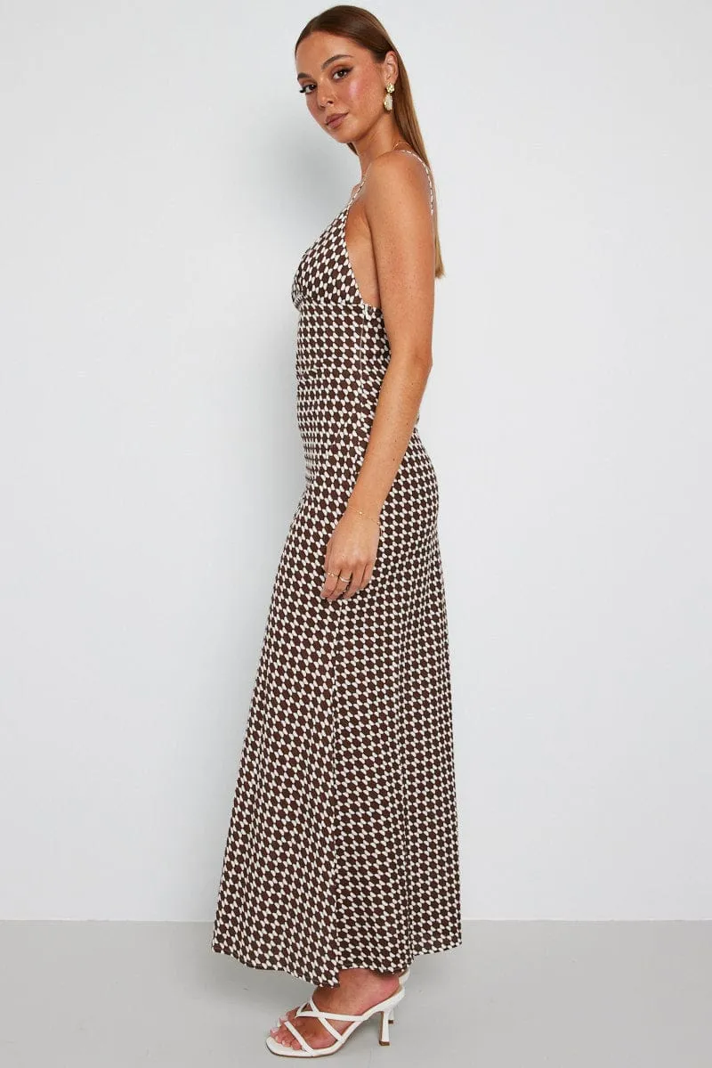 Harvest Glow Navy Tone Brown Geo Maxi Dress Strappy