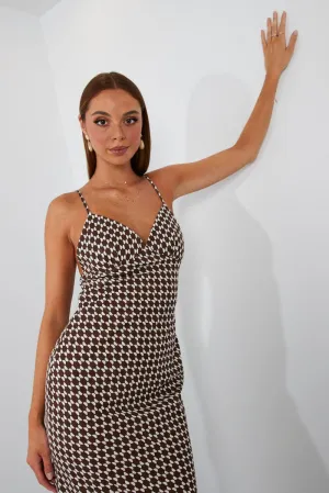 Brown Geo Maxi Dress Strappy Tassel Glow White Pure
