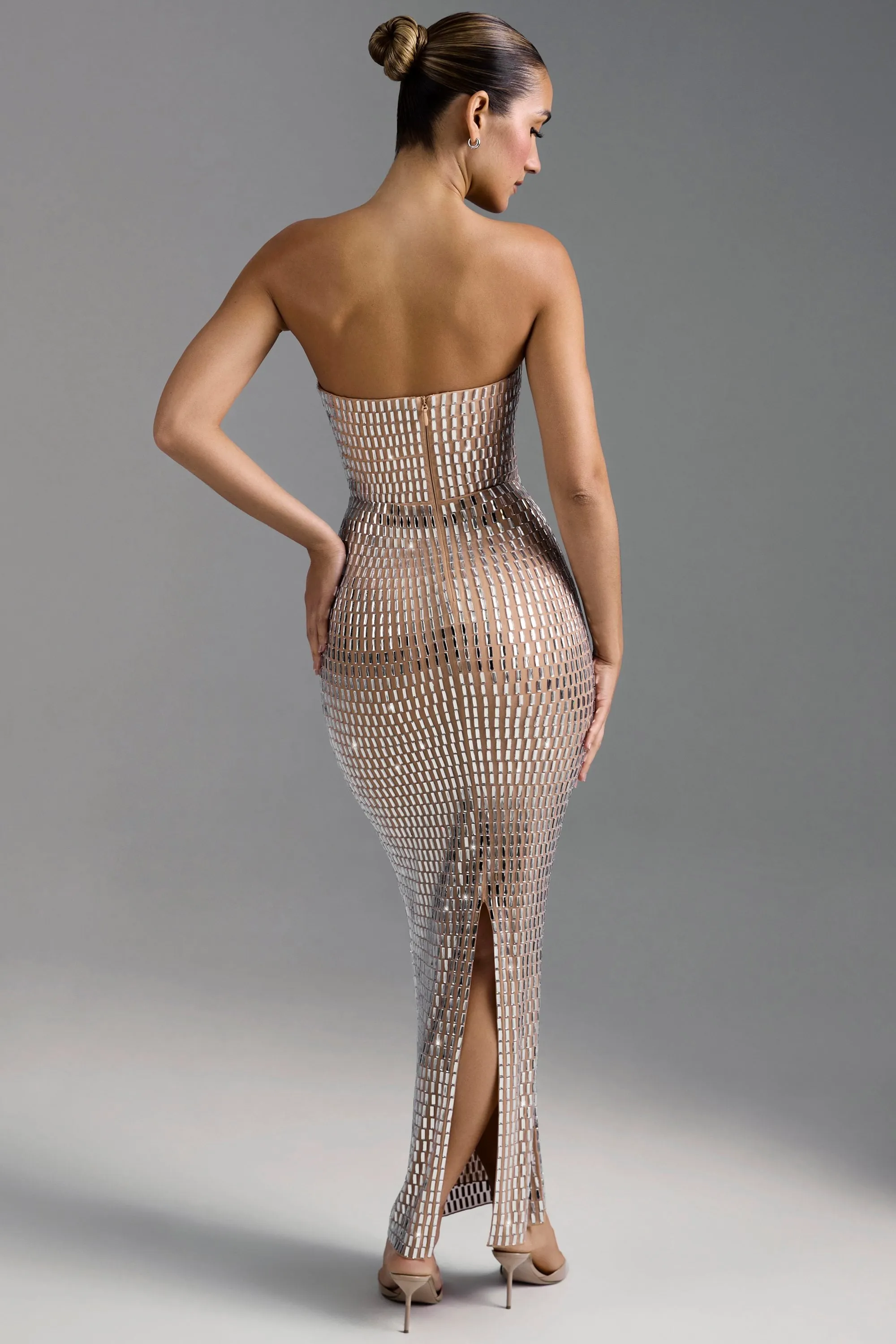 Embellished Bandeau Maxi Dress in Almond Shell Beach Warm Air