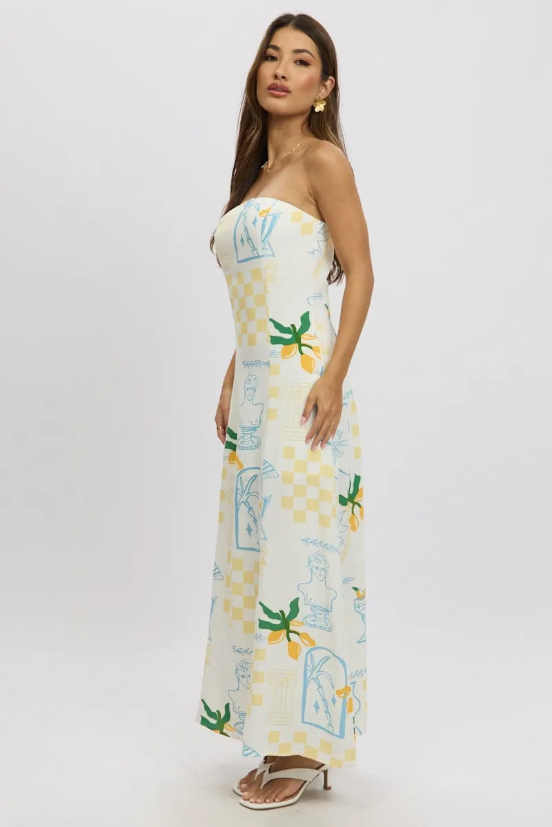 Net Soft Yellow Abstract Strapless Maxi Dress