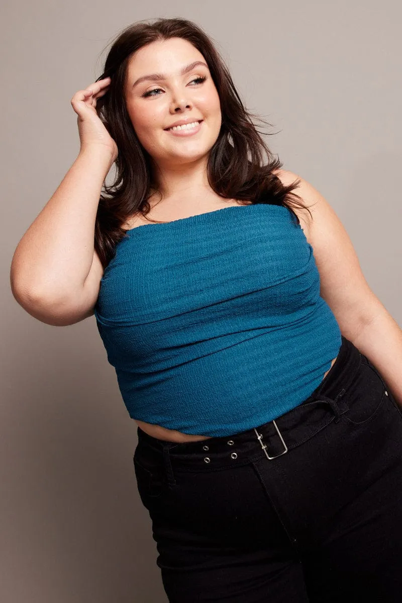 Blue Cami Top Sleeveless Cowl Neck Textured Skin Hug