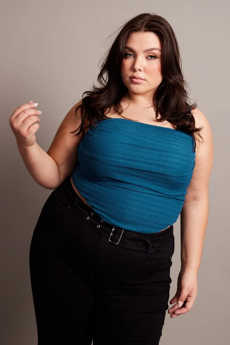 Blue Cami Top Sleeveless Cowl Neck Textured UniversalFit Sporty Gear