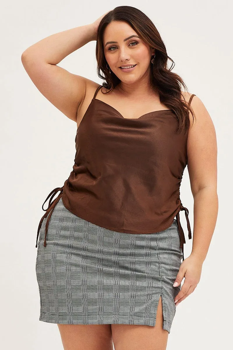Brown Singlet Top Satin Ed Side outdoor mode Cozy Dress