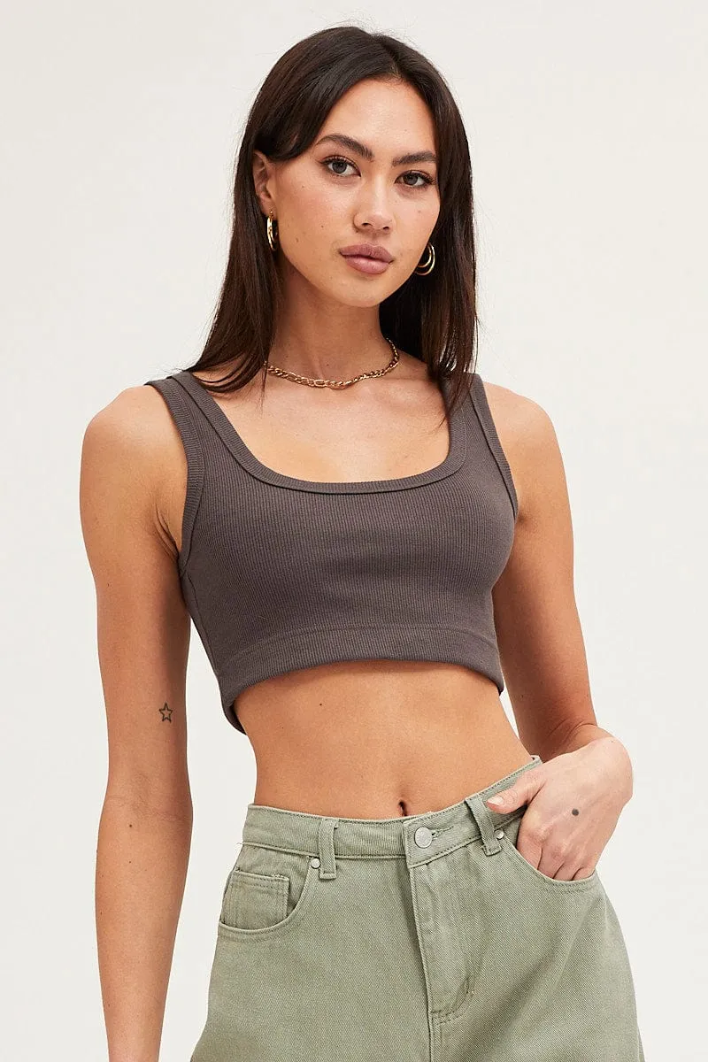 Grey Crop Top Cotton Blend Rib Tank Elasticated Hem FlexSeamTechnology
