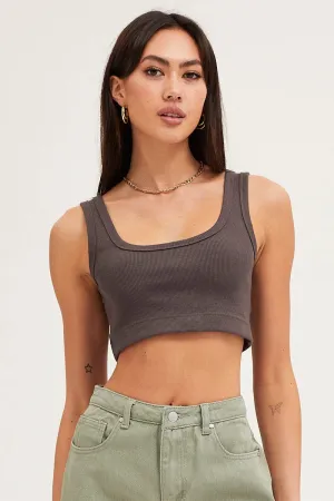 Grey Crop Top Cotton Blend Rib Tank Elasticated Hem Vented Panels Daily Fit