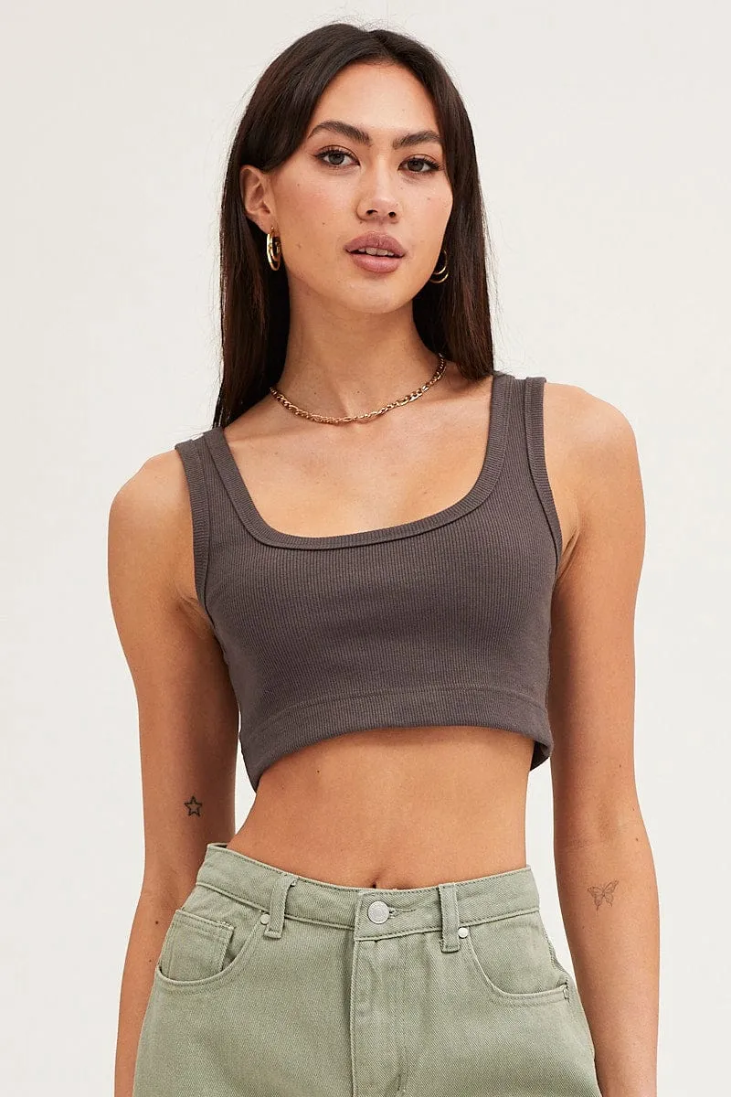Grey Crop Top Cotton Blend Rib Tank Elasticated Hem Vented Panels Daily Fit