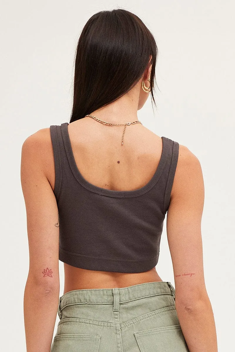 Bride Side Grey Crop Top Cotton Blend Rib Tank Elasticated Hem