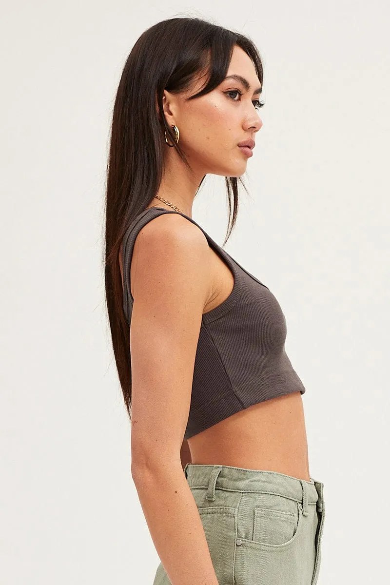 Grey Crop Top Cotton Blend Rib Tank Elasticated Hem ThermalRegulatingFabric