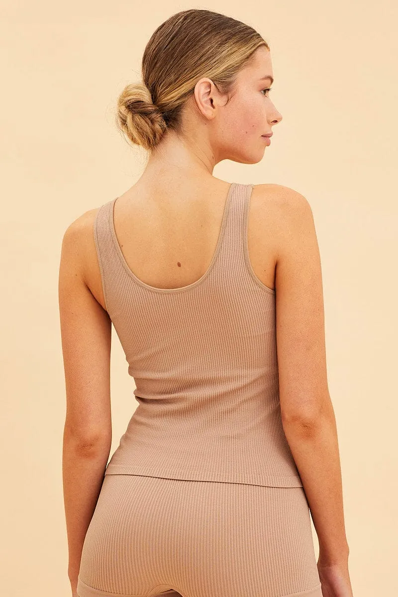 Professional Look Relaxation Wear Beige Seamless Tank Full Length Sleeveless Soop Neck