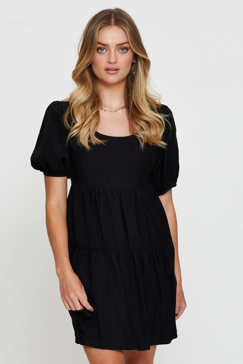 MultiPanelCut Black Fit And Flare Dress Short Sleeve Open Back