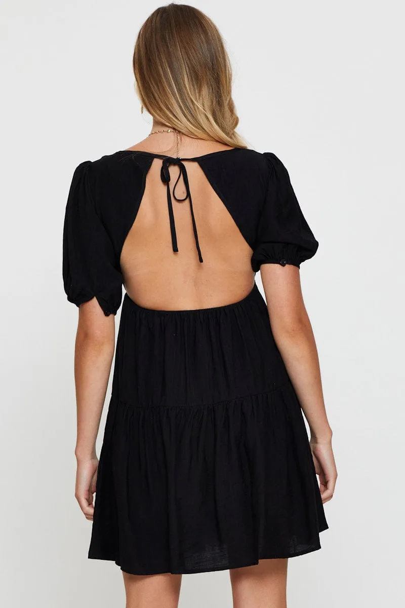 Black Fit And Flare Dress Short Sleeve Open Back Streetwear Style NonRestrictive Cut