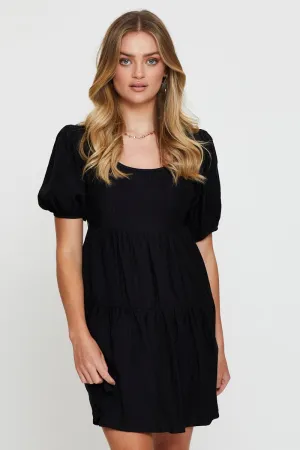 MultiPanelCut Black Fit And Flare Dress Short Sleeve Open Back