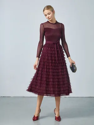Pleated Tiered Sheer Sleeve Cake Midi Dress Snow Path