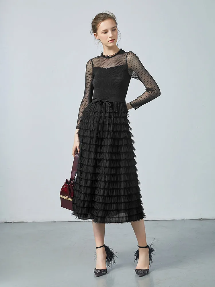 Bridge Walk Pleated Tiered Sheer Sleeve Cake Midi Dress