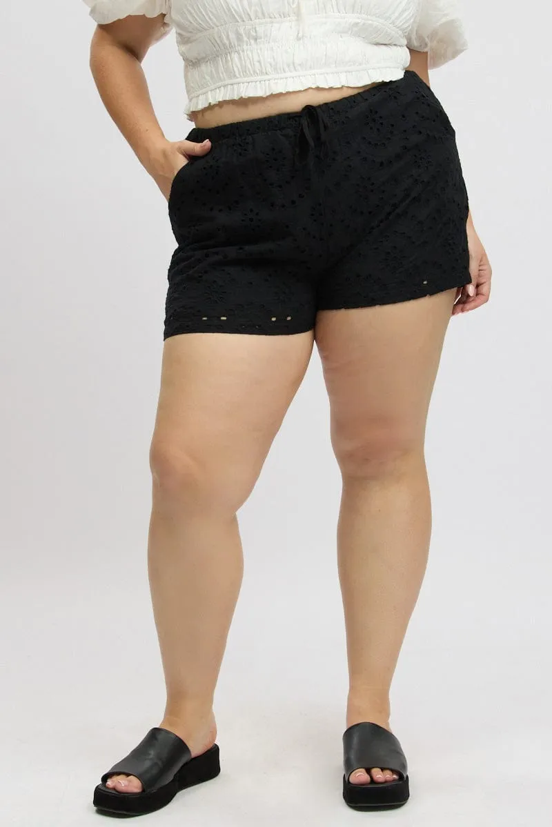 Black Eyelet Lace Drawstring Shorts Formal Attire
