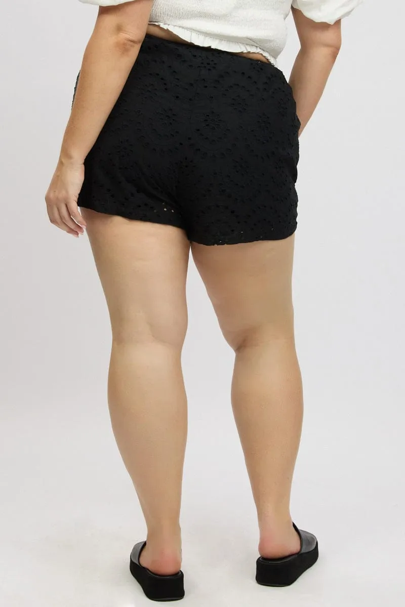High-Waisted Pants Black Eyelet Lace Drawstring Shorts