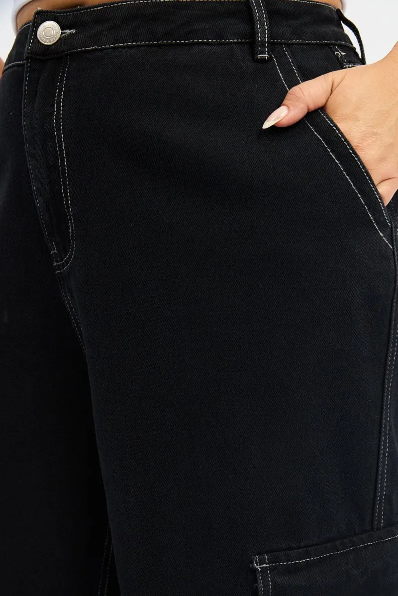 Slim Vintage Lover Winter Warmth Minimalist Style Picnic Style Black Cargo Jeans High Rise