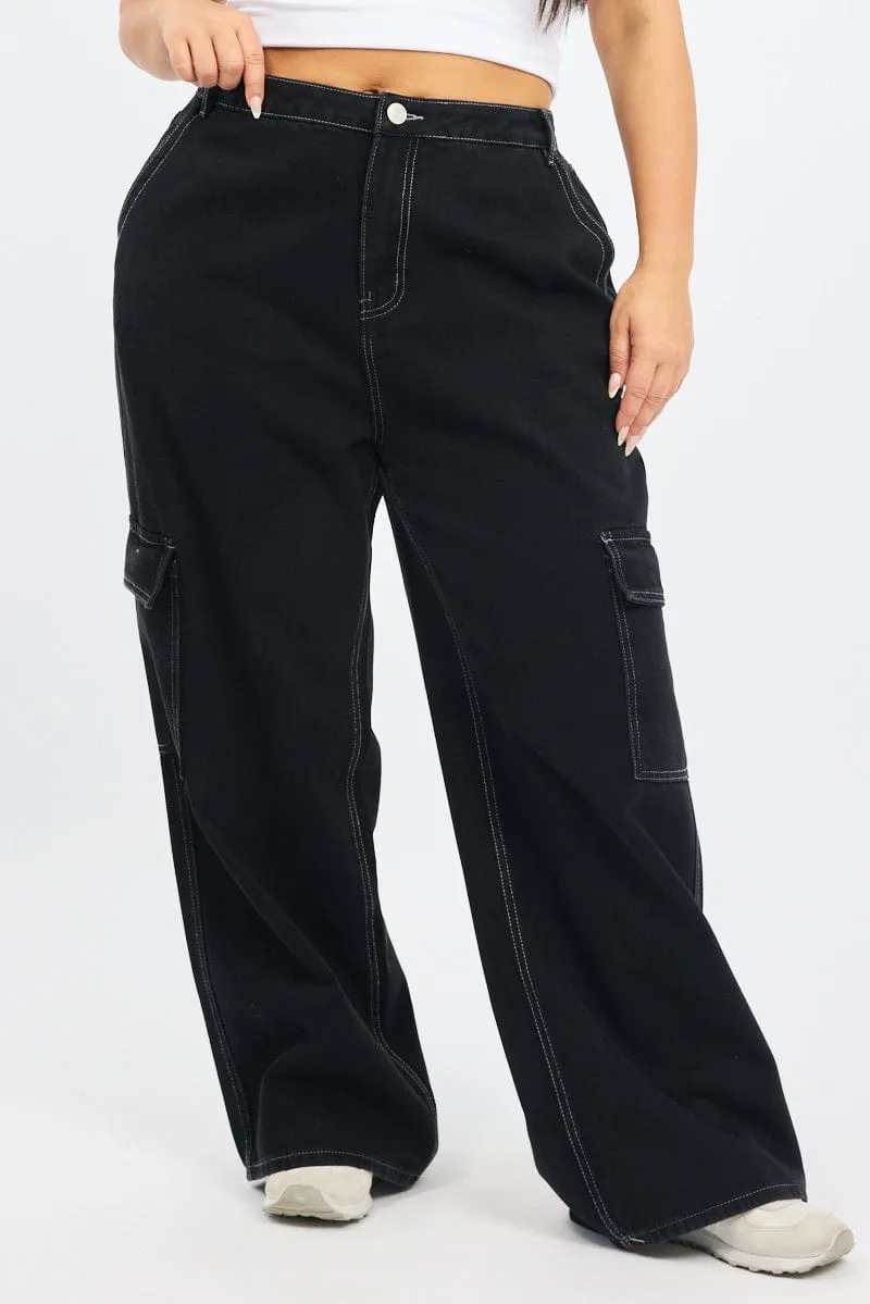 Black Cargo Jeans High Rise Stretch Soft Shopping Day Slim