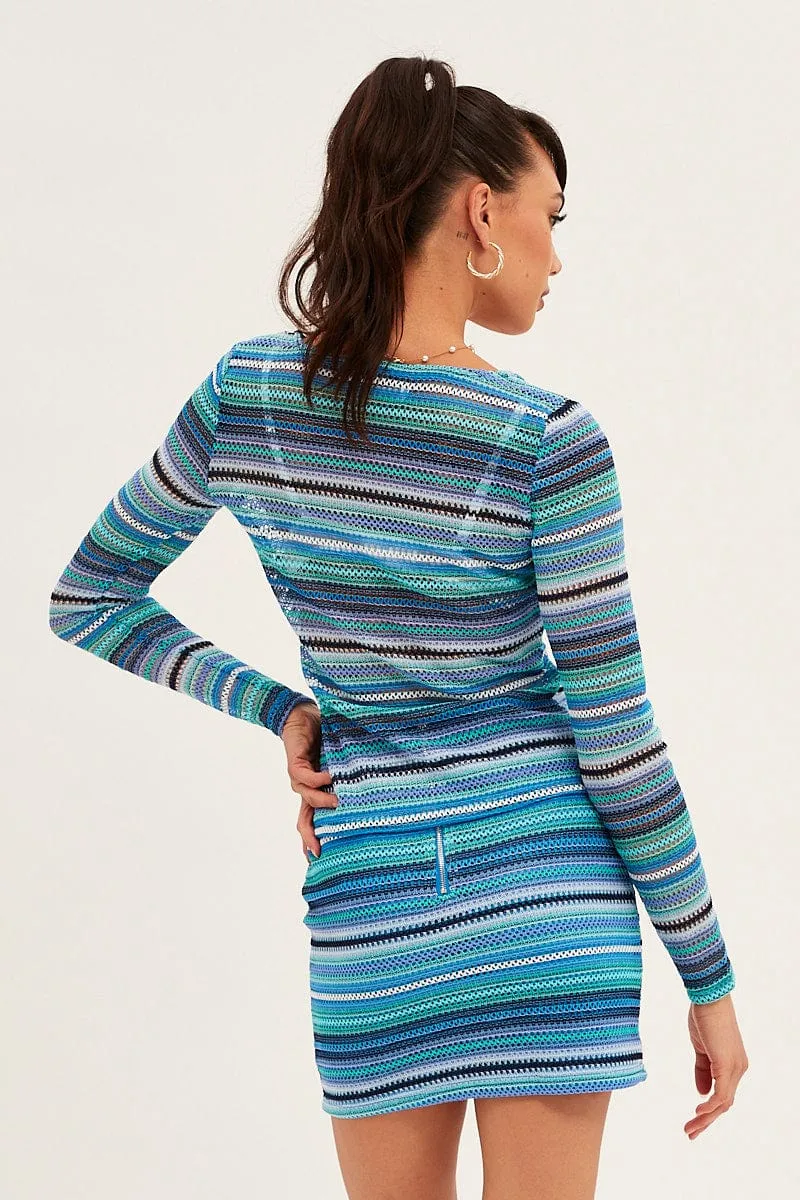 Soft Tones Blue Stripe Mini Skirt Bodycon Mid Rise