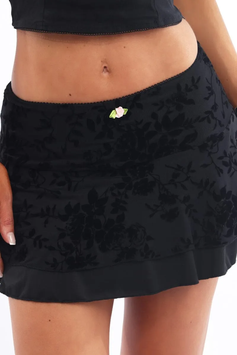 Black Floral Mini Skirt Elastic Waist Skater Layered Burnout Sharp Look Modern Cut