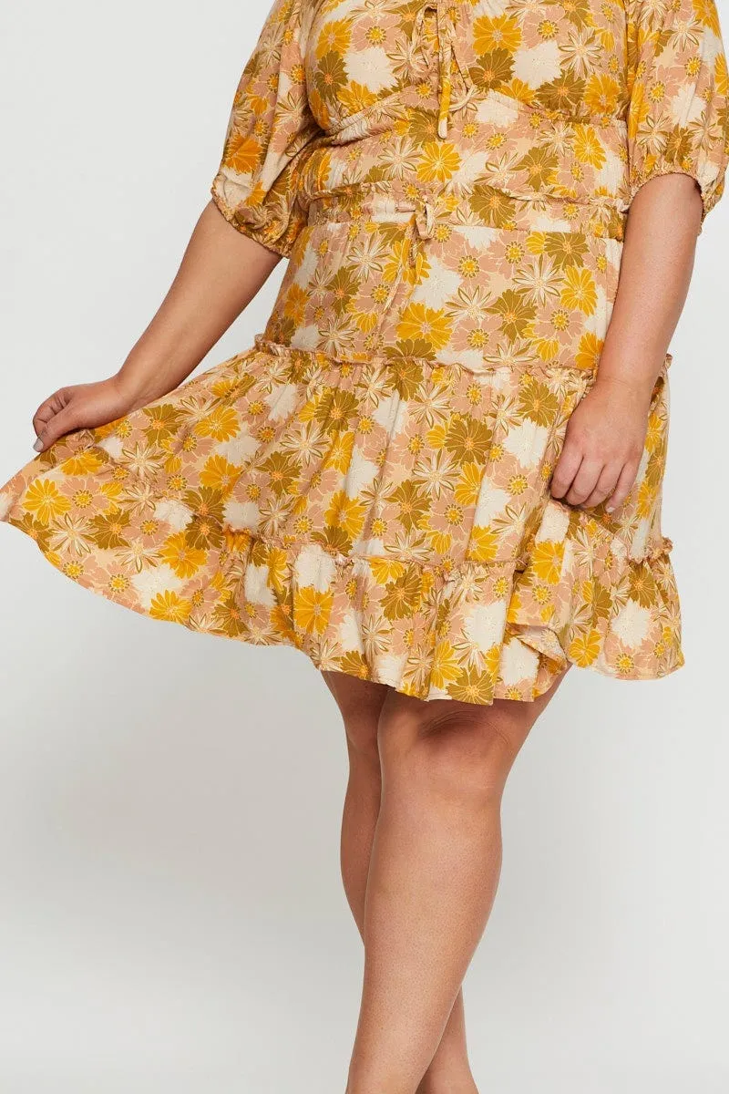 Floral Print Mini Skater Skirt Elastic Waist Comfort Mood